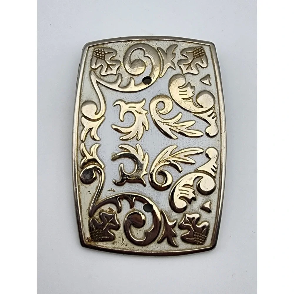 Vtg Belt Buckle Floral Leaf Pattern‎ White and Gold
